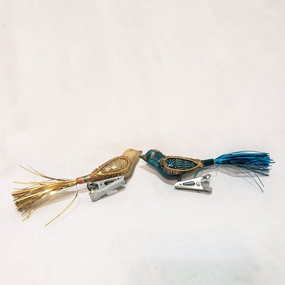 Pair Birds Clip-On Christmas Ornament 5" Vintage Plastic Tinsel Tails Gold Blue - Picture 1 of 7